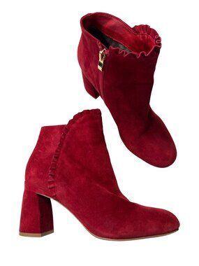 Red Suede Ankle Boots With Ruffle Detail By Azura